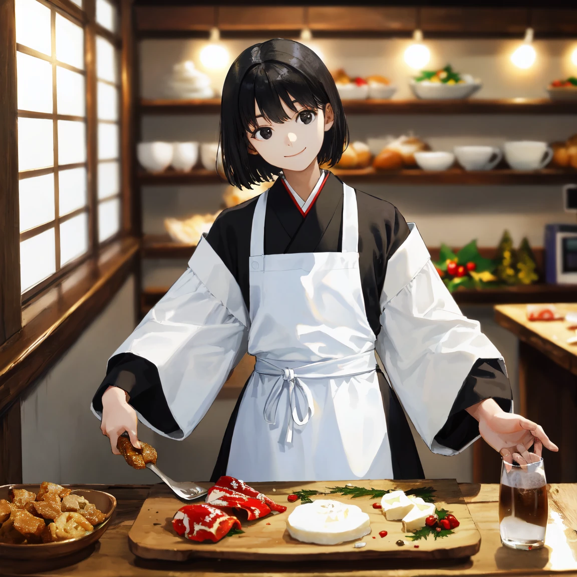 (masterpiece,absurdres), (best quality, high quality:1.4), perfect design,(1girlsolo,, black hair, short hair, black eyes, light smile, closed mouth, Japanese monk's black robe, buddhist black robe, long robe, white coverall apron, White cooking apron, white Kappogi, white apron, slender girl:1.3), (upper body,looking at food,cooking Lots of Christmas foods in the kitchen,Lots of Christmas foods on the table, turkey, Medieval European coffee shop kitchen)