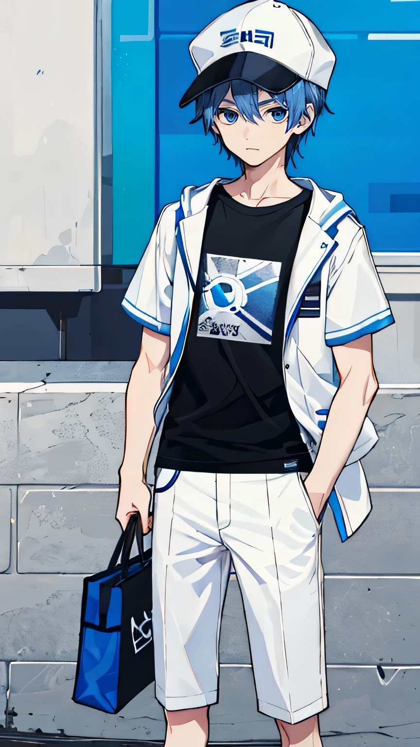 1 boy, blue hair, blue eyes, whole body, wear headset, wear a bag, black short sleeve tee, white outerwear with hat, University Background