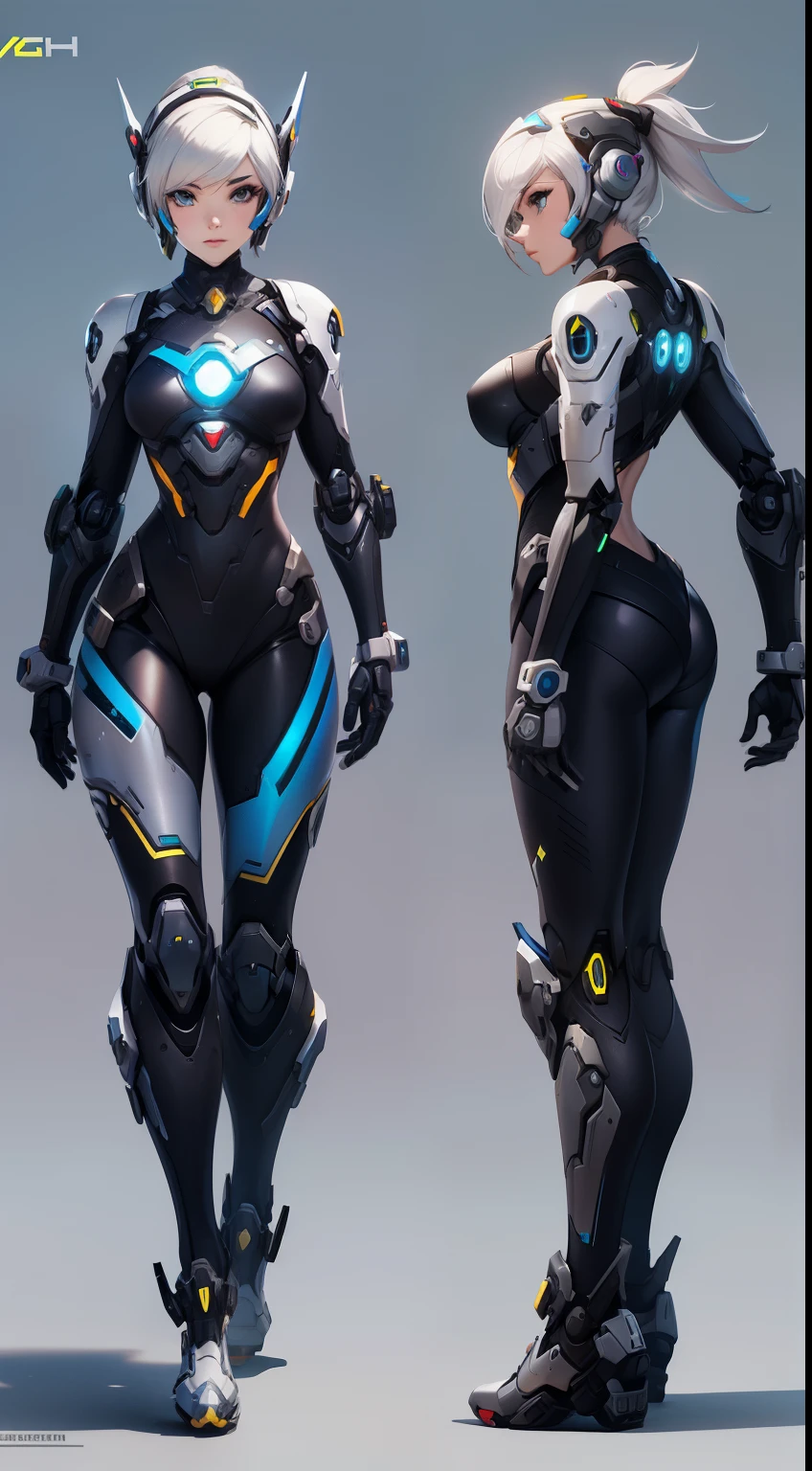 Female robot character concept, overwatch style, front and back view, robot face and helmet