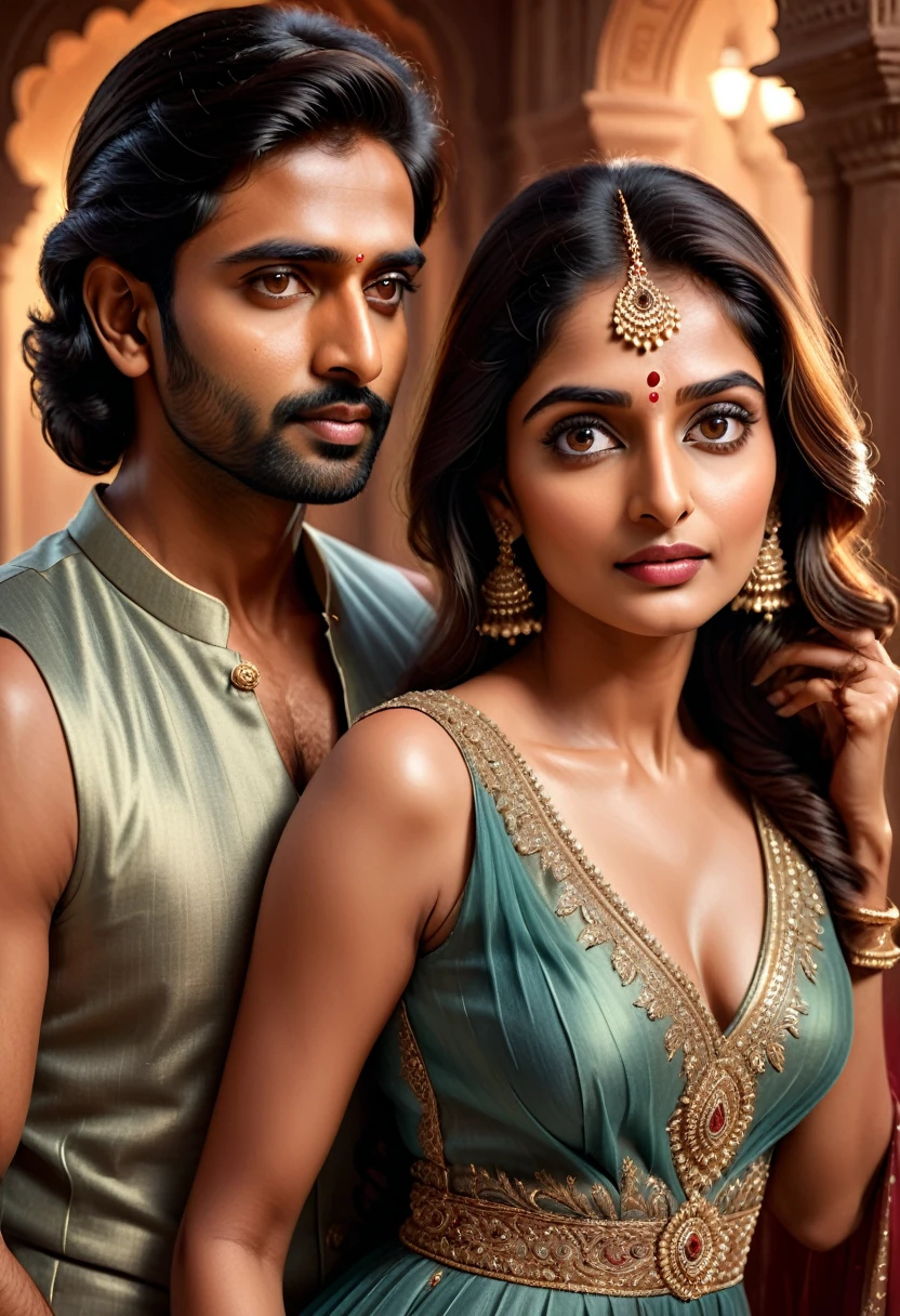 a romantic indian couple in an intimate pose, beautiful detailed eyes, beautiful detailed lips, extremely detailed eyes and face, long eyelashes, woman wearing a sleeveless gown, soft warm lighting, cinematic composition, elegant flowing movement, photorealistic, masterpiece, hyper detailed, 8k, award winning art