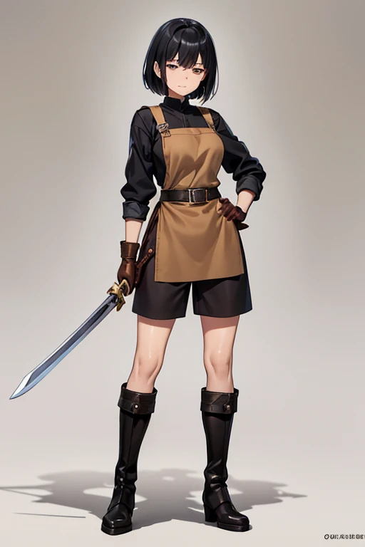 Anime Art、Full body portrait、Blacksmiths in the fantasy world、A woman around 20 years old, around 165cm tall, wearing a brown leather apron and shorts, standing upright with a long sword in her hand、Both eyes closed、Crying expression、Hairstyle: Short bob、Black Hair、gloves、Sweating、White lumbar girdle、boots