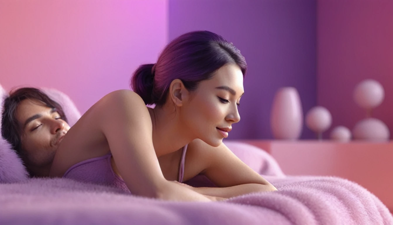 point of view from computer, we can see woman wearing bra doing erotic massage to man on a bed using computer, sensually, orgasm, mans mouth flirtingly smiling, liquid drops, skin, minimalistic, in a light purple and pink style, with soft edges and blurred details, with a 3D render, on a colorful background, with a minimalist stage design, in a surreal style, with a cinema4D rendering, with a minimalist style, with low saturation, using gradient colors, with a cinema4D rendering, with a blender rendering, with super detail, at a super high resolution, at a super high definition
