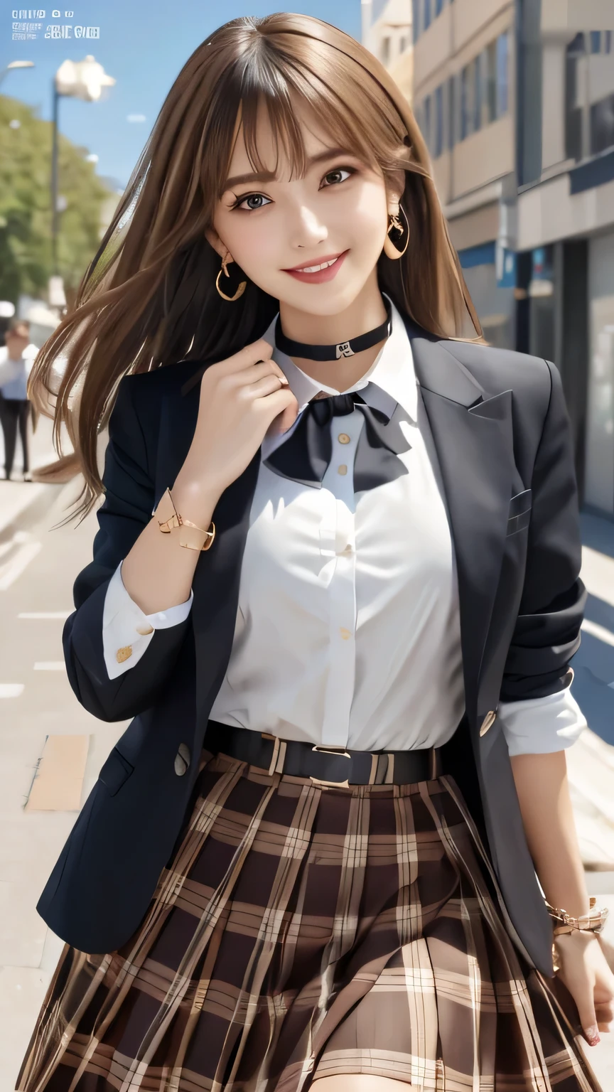 masterpiece, Highest quality, whole body, One girl, bangs, black choker, black tie, Blonde, blue skirt, blush, bracelet, chest, choker, clothes The surrounding area waist, clavicle, collared shirt, Cowboy Shot, dress shirt, ear Earrings, Eyebrows visible through hair, Gradient Hair, Grin, Improve, jewelry, Kogal, Long Hair, View your viewers, loose tie, tie, Earrings, Plaid, Plaid skirt, pleated skirt, Red eyes, ring, , shirt, skirt, smile, alone, white shirt, street, null, cherry blossoms, petal,figure, (magazine:1.3), (cover-style:1.3), fashionable, woman, Vibrant, Costume, Pause, front, colorful, dynamic, background, element, have confidence, Performance, Holding, statement, accessories, Majestic, Coiled, The surrounding area, touch, scene, article, cover, bold, to attract attention, title, stylish, font, Catchy, Heading, big, impressive, Modern, trend, concentrated, fashion,