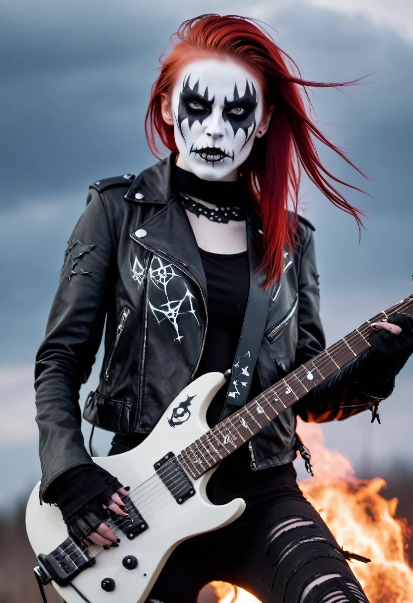 Black Metal girl, pale face, Black Metal make up, corpse paint face, red hair shoulder length, leather jacket, riding on a guitar in sky, electricity effects around her,  movement blur