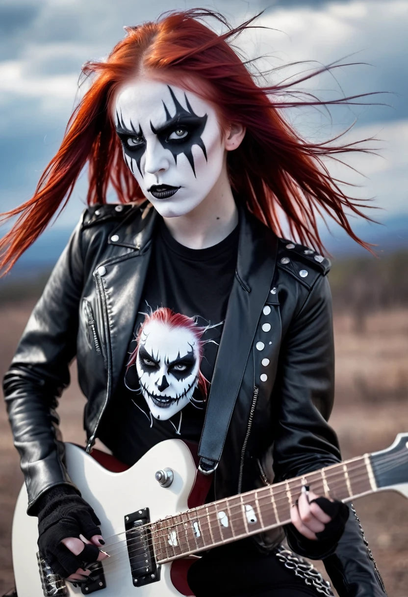 Black Metal girl, pale face, Black Metal make up, corpse paint face, red hair shoulder length, leather jacket, riding on a guitar in sky, electricity effects around her,  movement blur