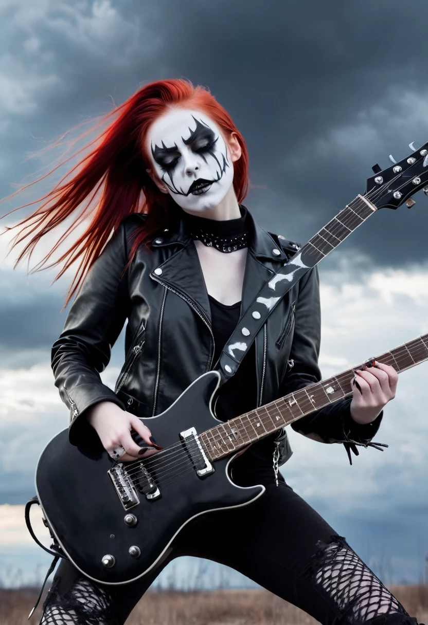 Black Metal girl, pale face, Black Metal make up, corpse paint face, red hair shoulder length, leather jacket, riding on a guitar in sky, electricity effects around her, movement blur