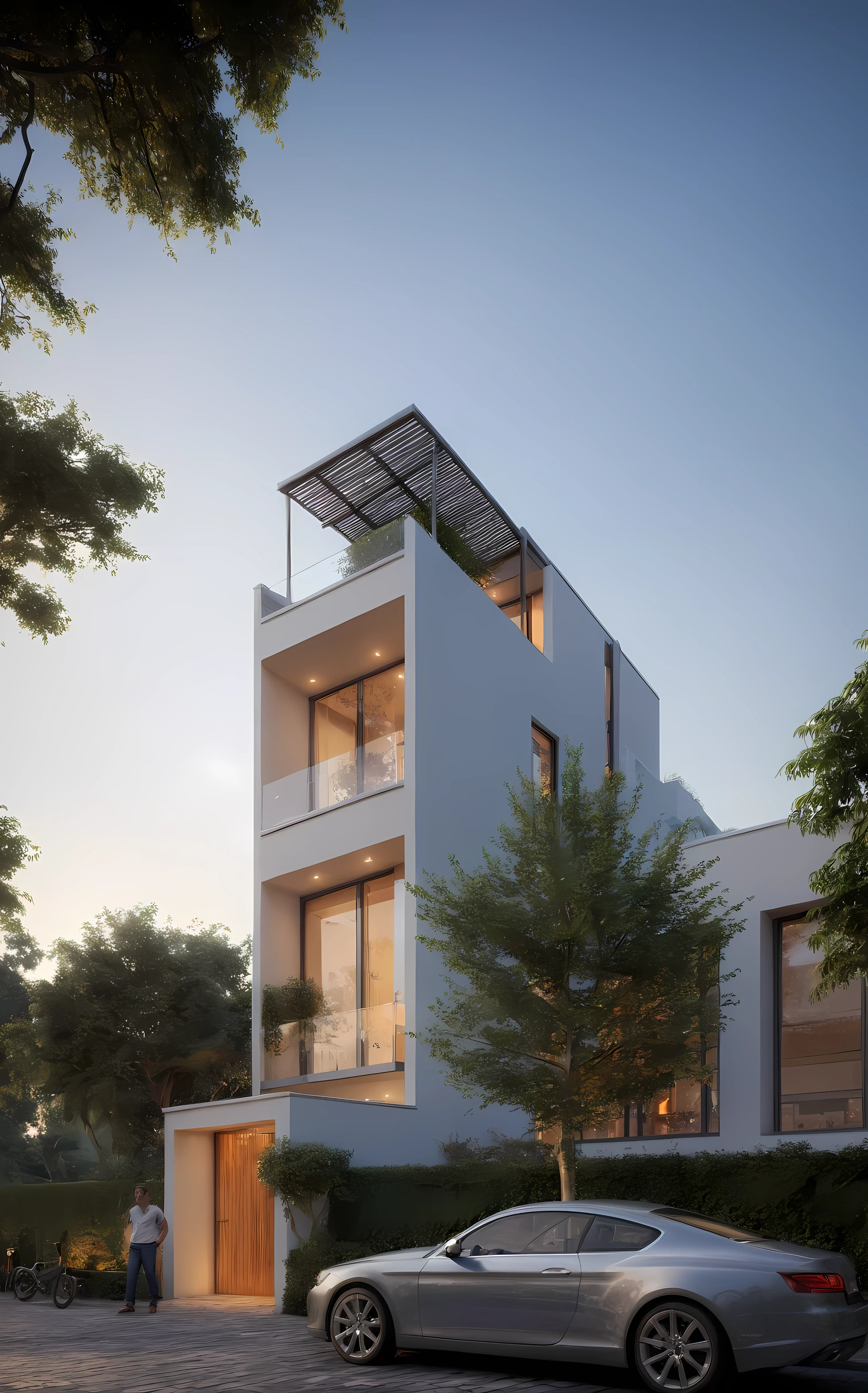 townhouse, Led light, spotlight out door, (modern style:1.2), (Open roof to see the sky), exterior design, perspective view, (open roof), Pavement, alphalt streets road, (next door neighbor's house), (dawn light sky background), Low trees around the house, overall peaceful atmosphere cinematic photo, hyperrealistic artï¼professional, 8k, highly detailed ï¼, (architectural design visualization), (reflection), (focus on object), (material normal bump real reflection), (scattered light), (hidden light) (light ray), (multi-beam light), (sunbeam) (multi-level reflection), (corona software visualization render:1.2),(((Best Quality))), ((Masterpiece)), ((best illustration)), ((best shadows)), ((Super Detail)), (Intricate lines), (Photorealism),(hyper detail), ((archdaily)), ((award winning design)), (dynamic light), ((day)), (perfect light), (shimering light), ((photorealistic)), ((intricate detail)), ((extreme detail)), ((science)), ((hyper-detail)), ((super detail)), ((super realistic)), ((crazy detail)), ((octane render)), ((Cinematic)), ((trending on artstation)), ((High-fidelity)), ((Viwvid)), ((Crisp)), ((Bright)), ((Stunning)), ((Eye-catching)), ((High-quality)),((Sharp))((Bright)), ((Stunning)), Natural, ((Eye-catching)), ((Illuminating)), ((Flawless)), ((High-quality)),((Sharp edge render)), ((medium soft lighting)), ((photographic render)), ((detailed archviz))