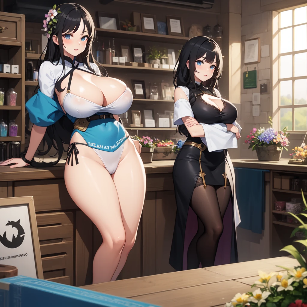 Highest quality、Ultra-high resolution、Fantasy、roleplaying game、Sexy shop assistant in her 30s with huge breasts、Tied up hair、Inside the flower shop