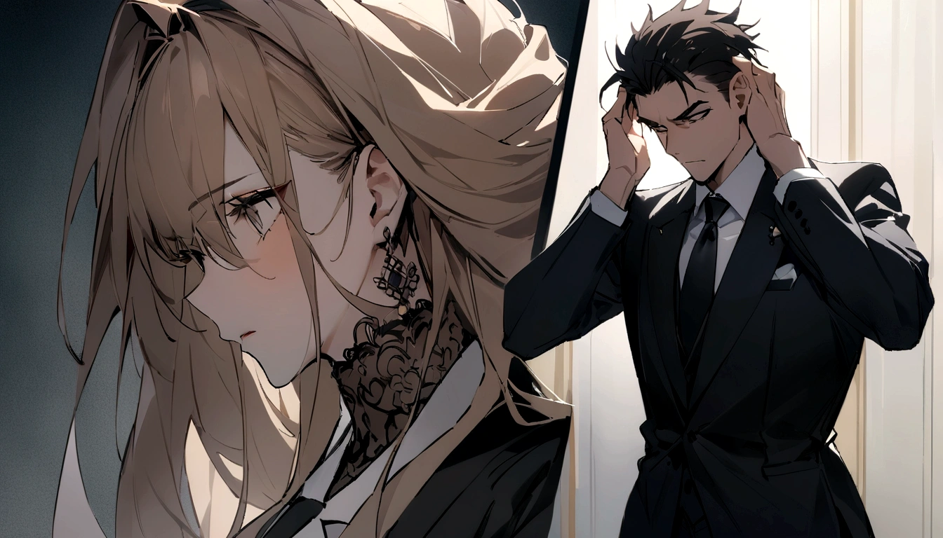 Best Quality, Masterpiece, Ultra-high resolution,30 years old、In a suit、I'm worried、Holding his head