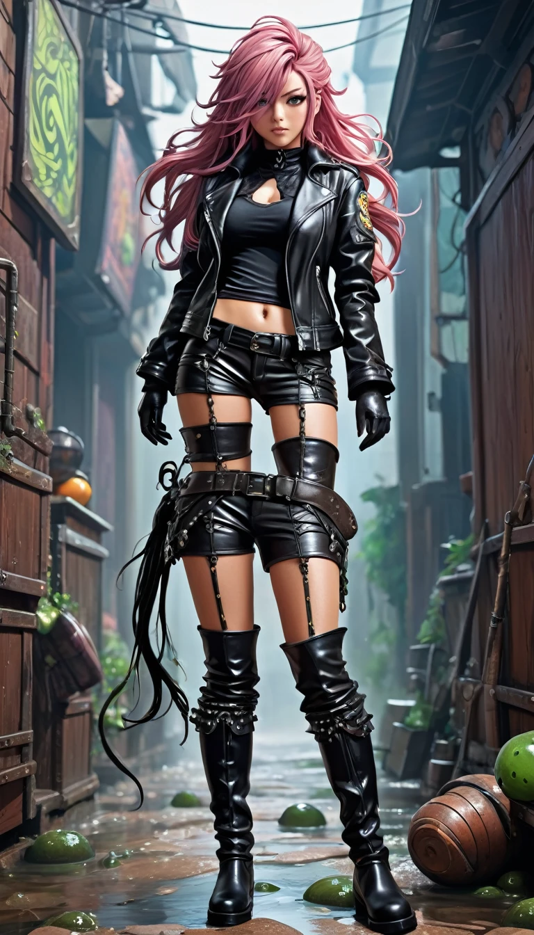 Very detailed photograph full-body-shot  of an adult woman, leather jacket , thigh boots, extremely detailed face, (very detailed hair), slimes, JRPG, high contrast, flat colors, cel shaded, cut out for t shirt