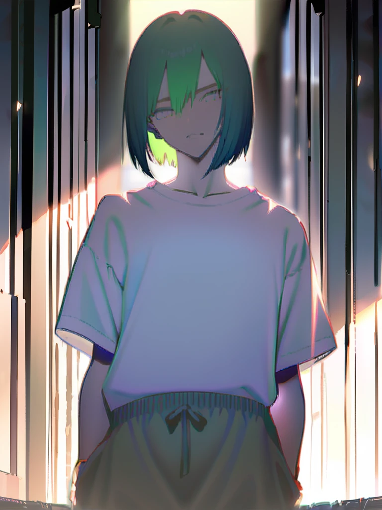 1 male, alone, young,short hair,Center Part,Green Hair,Looking at the audience,Mouth closed, (Dark blue eyes),Morning Glow,White short sleeve shirt,Black gloves,Green baggy pants, Black boots,lips, eyelash,from the front,Grin, Compensate, Straight Hair,masterpiece,Very detailed
