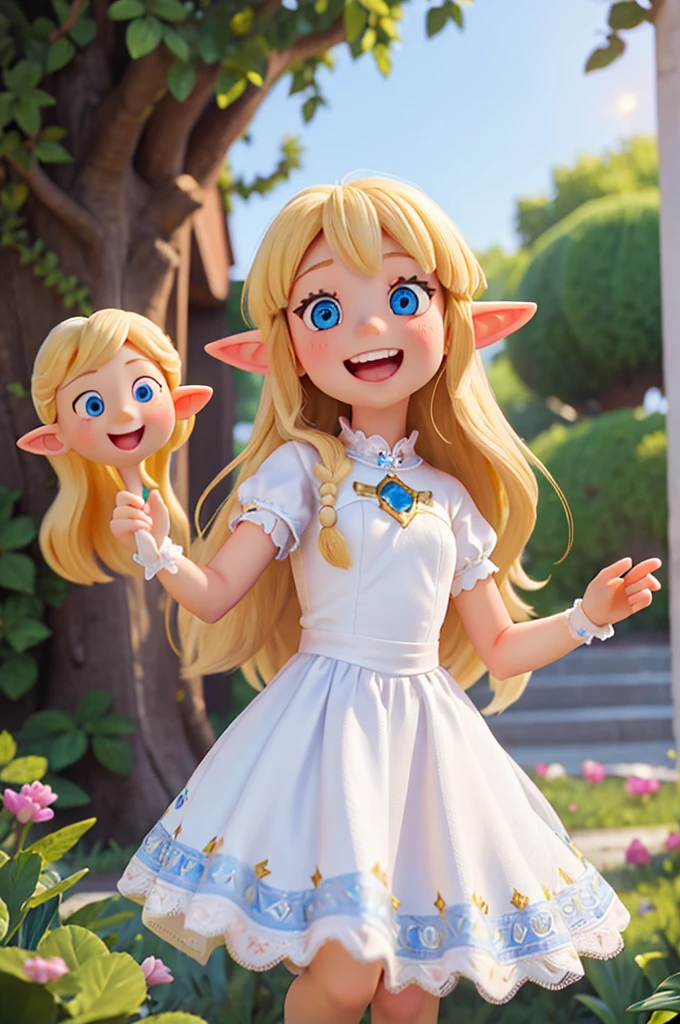 a who is six years old, with long golden hair and two large beautiful light blue eyes with a white night dress, an amazed expression, she has lots of sparkles in her eyes, and next to her there is a fairy with short blond hair, the now has elf-like ears and is smiling in amazement, her mouth is smiling but wide open with enthusiasm