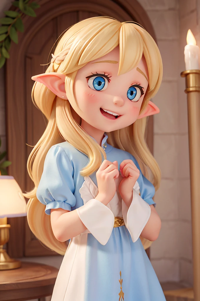 a who is six years old, with long golden hair and two large beautiful light blue eyes with a white night dress, an amazed expression, she has lots of sparkles in her eyes, and next to her there is a fairy with short blond hair, the now has elf-like ears and is smiling in amazement, her mouth is smiling but wide open with enthusiasm