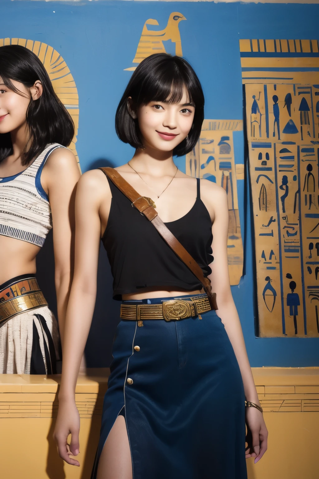 245 Inside the mural2people々々々々々々々々々(An 18-year-old female and an 18-year-old male), short hair,kind, lipstick, Egyptian civilization, Waist belt, Hieroglyphics, smile