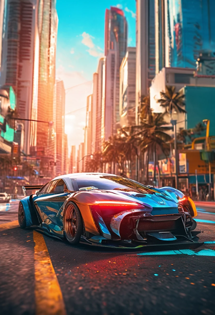 Sports car racing down cyberpunk Miami city, Cyberpunk Car wallpaper, bright sunny day, beautiful cloudy sky, perfect car anatomy and proportions, streets neon signs and debris, exciting epic action camera, masterpiece quality phone wallpaper, sharp details, (masterpiece:1.2) (photorealistic:1.2) (bokeh) (best quality) (intricate) (8k) (HDR) (cinematic lighting) (sharp focus)