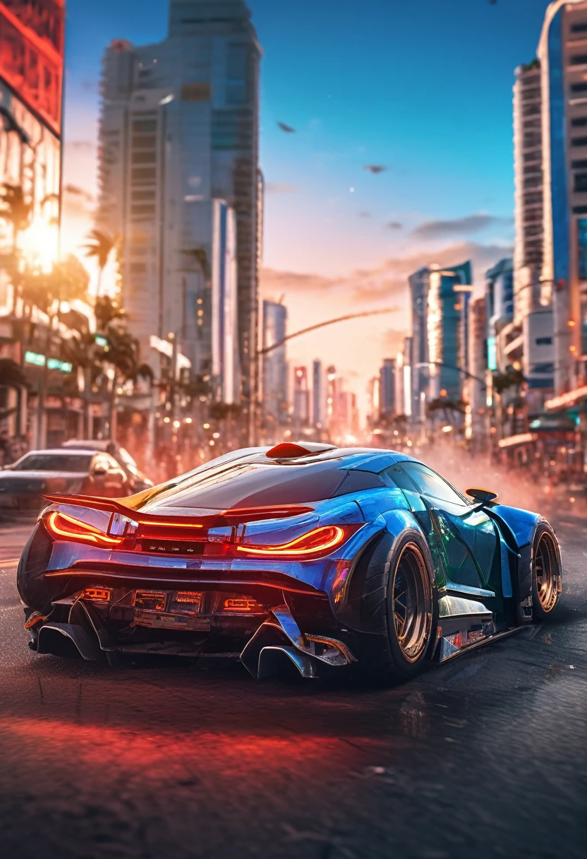 Sports car racing down cyberpunk Miami city, Cyberpunk Car wallpaper, bright sunny day, beautiful cloudy sky, perfect car anatomy and proportions, streets neon signs and debris, exciting epic action camera, masterpiece quality phone wallpaper, sharp details, (masterpiece:1.2) (photorealistic:1.2) (bokeh) (best quality) (intricate) (8k) (HDR) (cinematic lighting) (sharp focus)