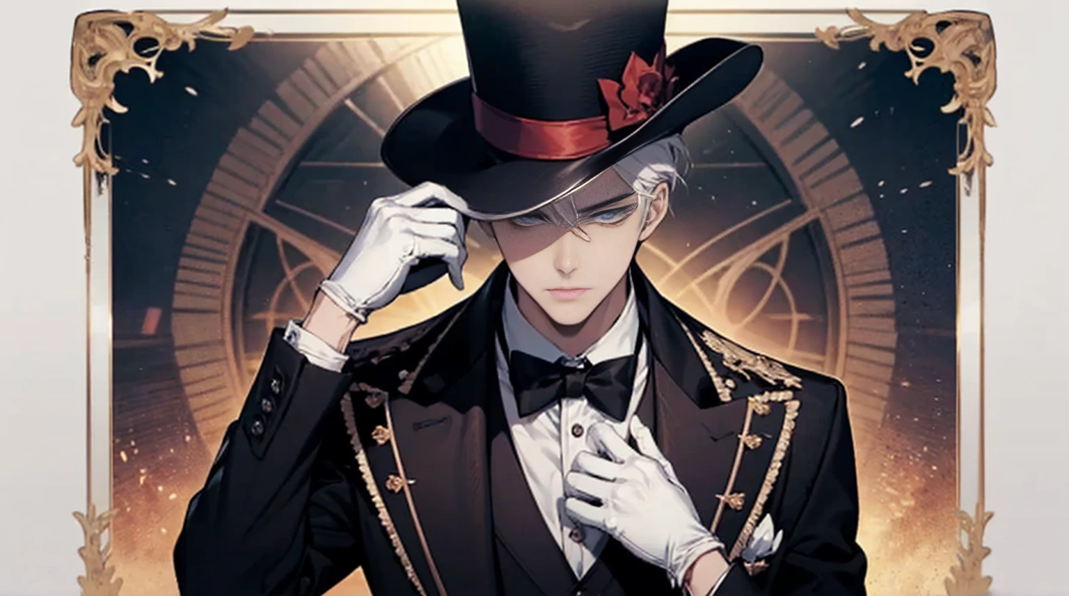 (nonsense, height, Very detailed), 1 young man, adult, handsome, short hair , white hair, Intricately detailed eyes and detailed face, blue eyes, นักmagic \Tarot cards\, นักmagic suit, magic, black tuxedo, top hat, white gloves. symbol, visual arts, mysterious, universal, วิสัยทัศน์handsome, Philosophical, adhere to, science of numbers, popularity, art, Alphonse Musha