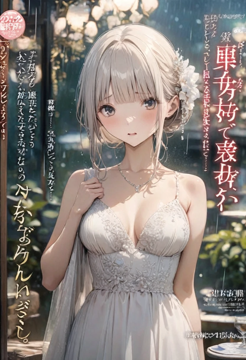 Magazine cover(masterpiece, best quality:1.2),woman,shy(((The eyes are delicate)))((White evening dress)),rain(8K)(HD)