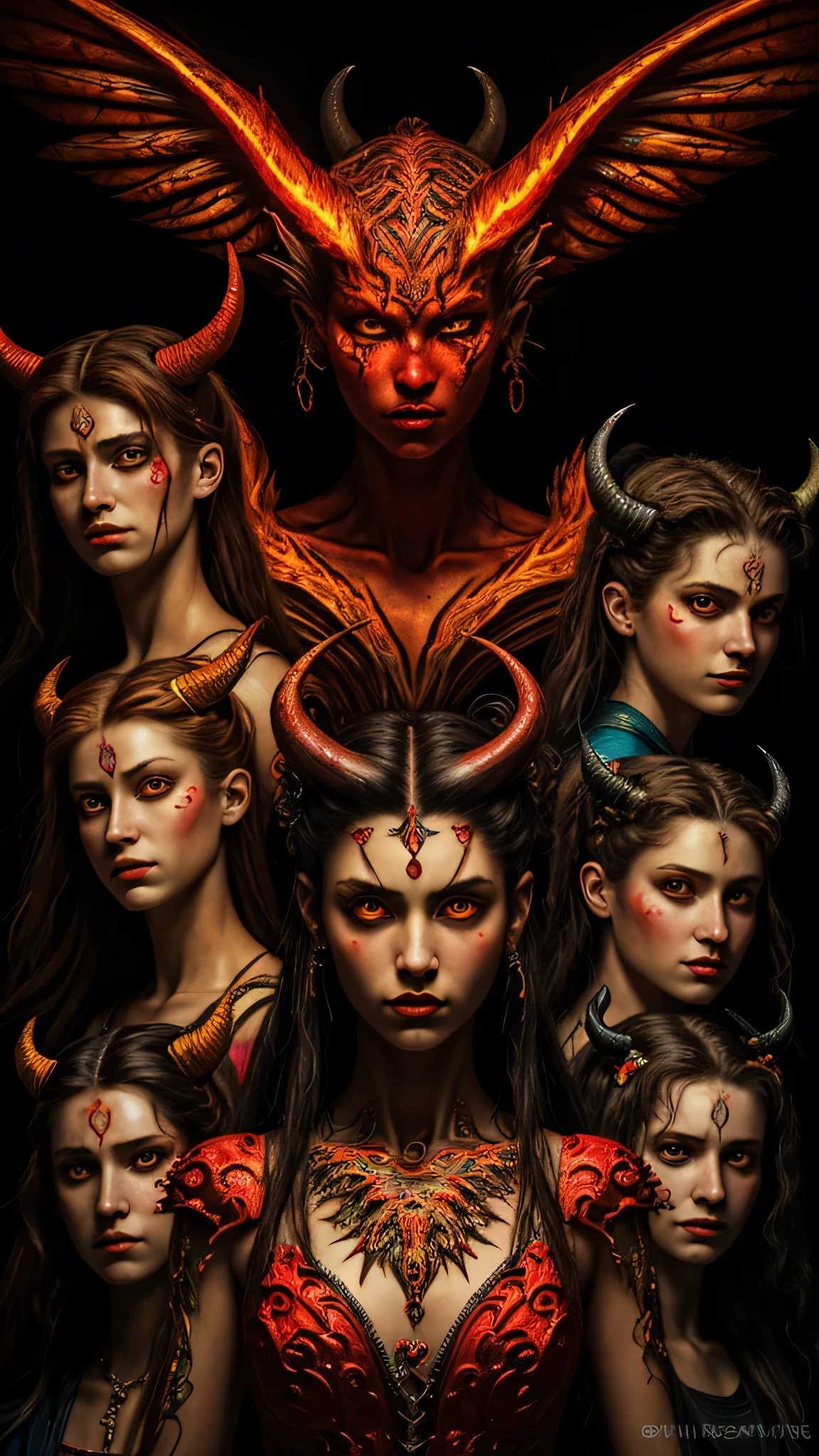 (((Masterpiece))), Best Quality, Hyper Detailed Gouache Style Painting Portrait of a Group of Enchanting Female Demons, Glowing Red/Yellow Eyes, Smooth Shadows, Hyper Realistic Textures, 8K, Best Quality, Realistic Cartoony Features, Stylized Illustration, Smooth Shadows, Correct Anatomy, Chromatic Aberration, Neon Highlights, Global Warm Lights, Dynamic Poses, Expressive Facial Expressions. This artwork, a testament to the artist's mastery, showcases a captivating ensemble of female demons. Their eyes glow with an otherworldly rad