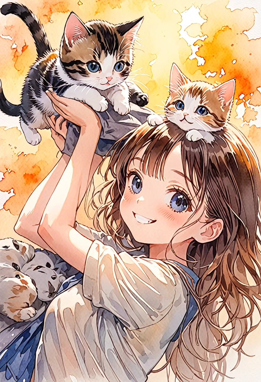 1Girl, 1cat, Detailed and clear watercolor painting. A girl is smiling widely and pointing above her head. A kitten is perched on top of the girl's head with its arms and legs hanging down. The cat also seems relaxed. Very beautiful anime illustration with warm background colors