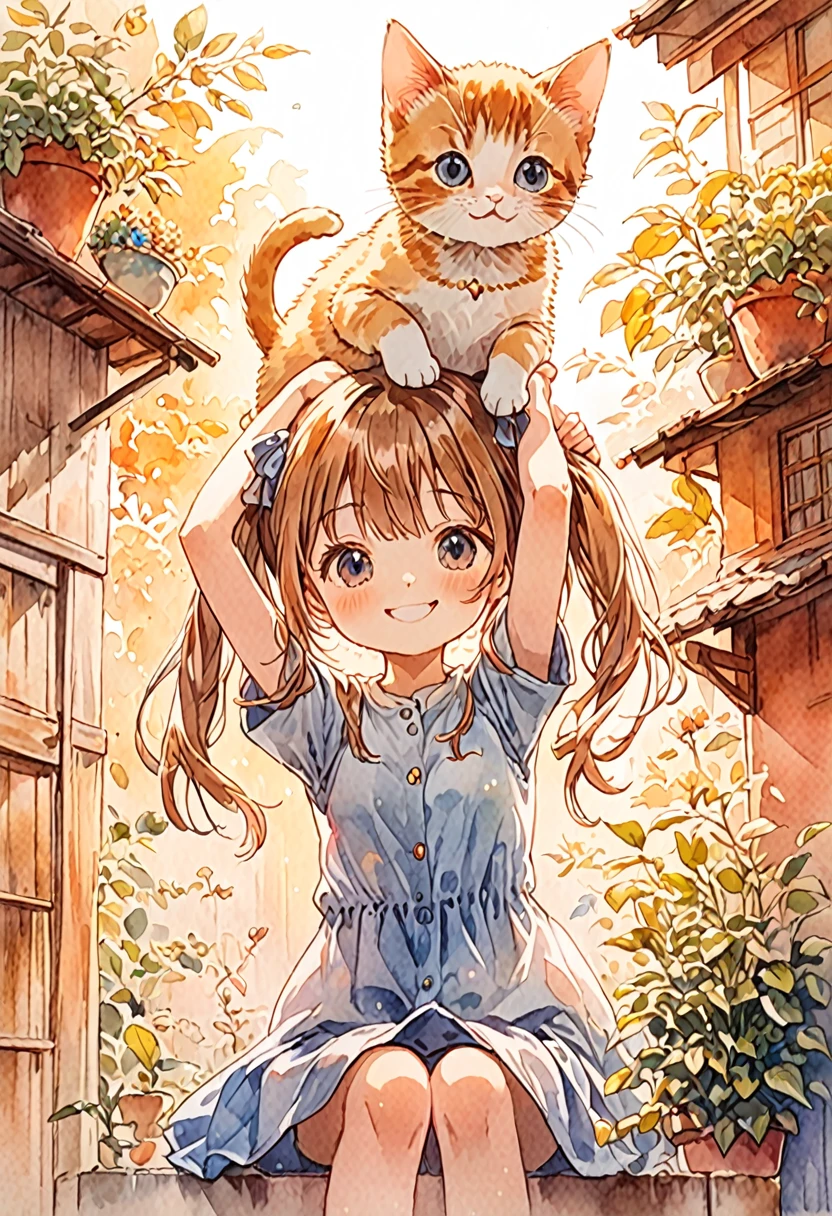 1Girl, 1cat, Detailed and clear watercolor painting. A girl is smiling widely and pointing above her head. A kitten is perched on top of the girl's head with its arms and legs hanging down. The cat also seems relaxed. Very beautiful anime illustration with warm background colors