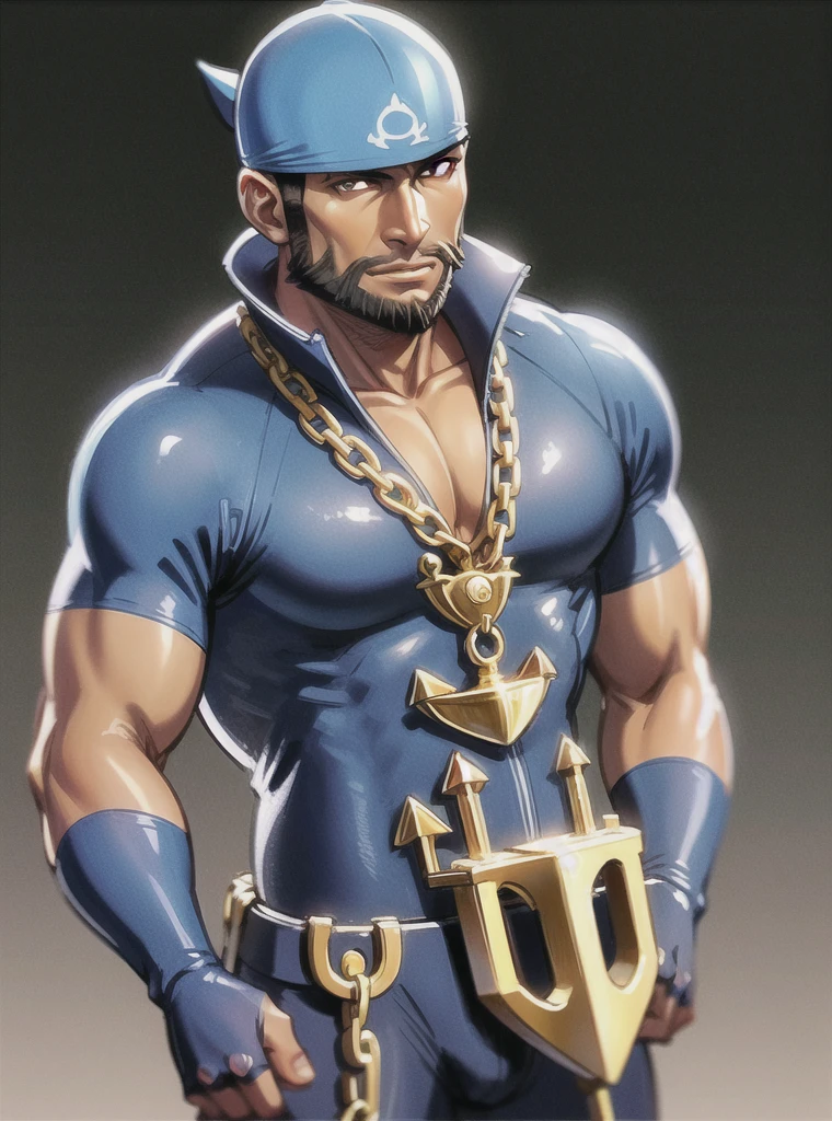 beard, male focus, wetsuit, bandana, 1boy, facial hair, dark skin, pectorals, dark-skinned male, blue bandana, angry, chain necklace, jewelry, necklace, anchor necklace, bara, bodysuit, muscular, muscular male, pokemon (creature), short hair, blue bodysuit, pectoral cleavage, covered abs, mature male, black eyes, looking at viewer, chain, anchor, large pectorals, watercraft, solo , underwater, teeth, skin tight, black hair, multicolored bodysuit,  nicebulge , boots