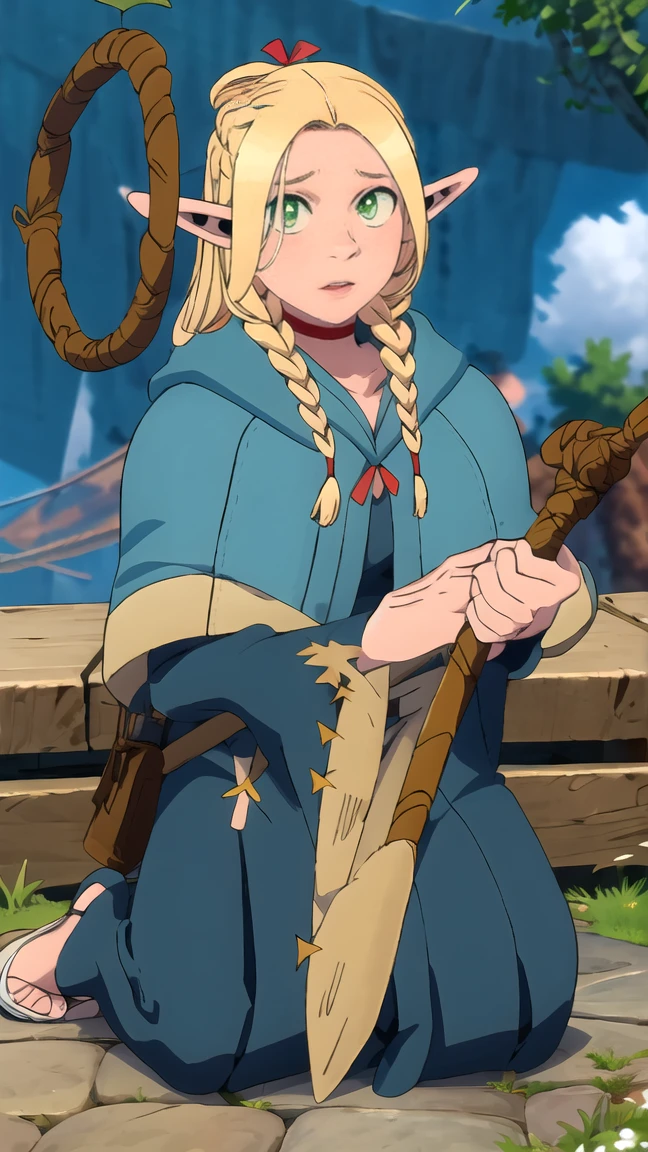 ((Best quality)), ((very detailed)), masterpiece, detailed face, Beautiful face, , (1 girl),  naked, nude, erotica, kneeling,  Marseille_donated_dungeonmesh, blonde hair, long hair, double braids, elf, pointed ears, green eyes, red necklace, blue cape, robe, sandals, holding staff, (on open air, On the stairs, night, night sky, stars)