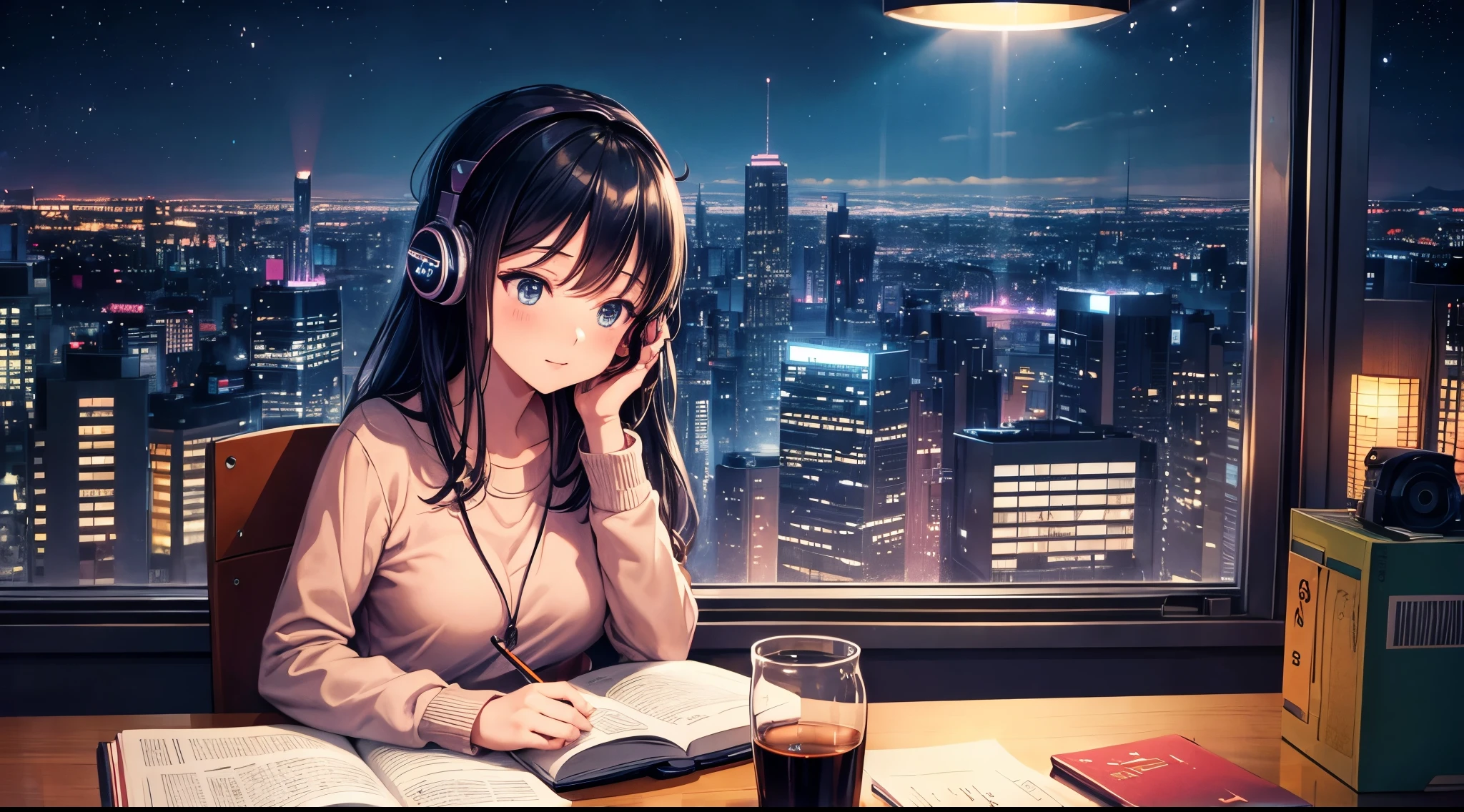 Lofi music anime illustration, Close up of, Girl studying in room, With the book, Laptop,  Night City View, Listen to music while studying, The atmosphere is nice but the room is a bit dark