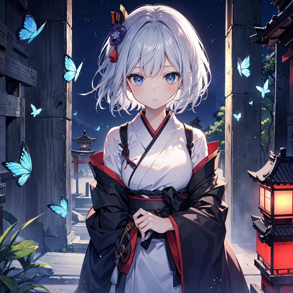 (((1 person))) ((High resolution Gray Hair short hair Black kimono Shoulder knifeを構える)) ((Black Band samurai Lonely despair blue eyes)) ((Blue Butterfly night Japanese style old Shining Aura garden shrine torii Catch the wind)) (dance 日本knife knife Slashing) moonlight star Draw your sword Shining Background Shining Edge
