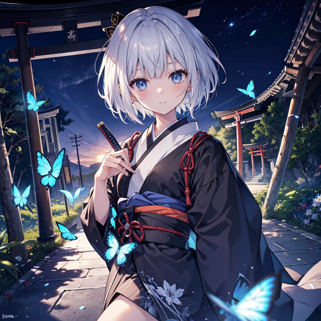 (((1 person))) ((High resolution Gray Hair short hair Black kimono Shoulder knifeを構える)) ((Black Band samurai Lonely despair blue eyes)) ((Blue Butterfly night Japanese style old Shining Aura garden shrine torii Catch the wind)) (dance 日本knife knife Slashing) moonlight star Draw your sword Shining Background Shining Edge