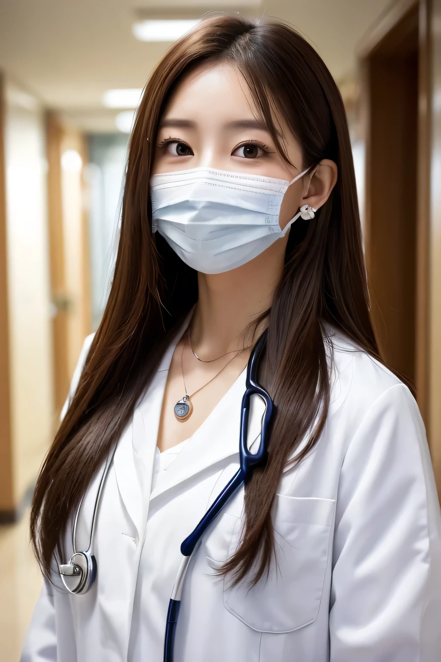 Beautiful young woman、 Korean women、Brown Hair、Necklace around the neck、White、Stethoscope、Mask on mouth、Intricate details, Very detailed:1.2), 、 Looking into the camera,The background is the corridor of the hospital.、ear piercing