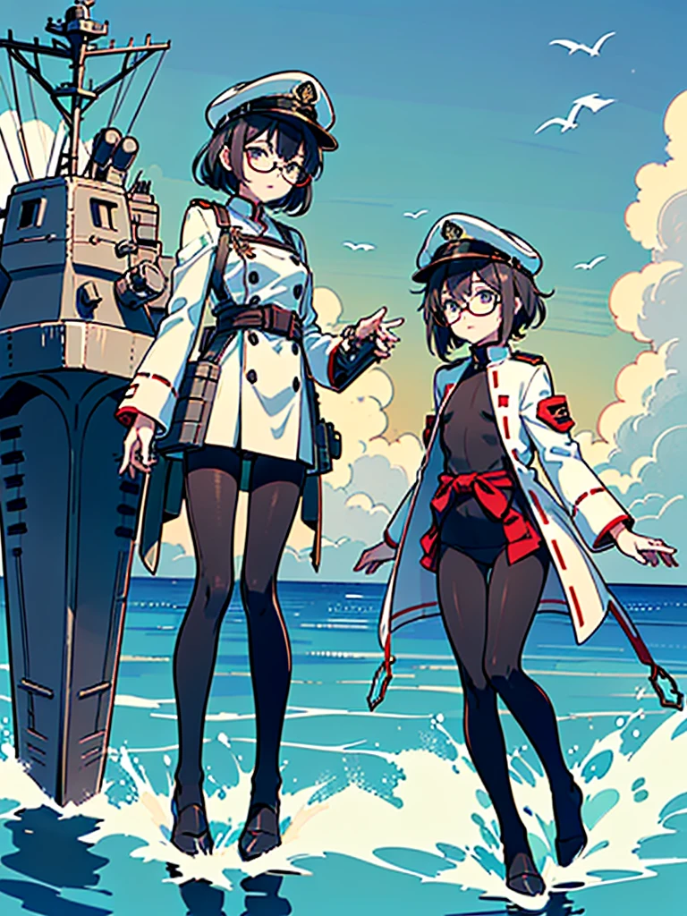 ((((Full body of a woman with perfect flat chest、Short unkempt black hair、white military jacket、Miko costume、tights、Black glasses、White military cap、Cloudy eyes、Sleepy expression)))), (((masterpiece))), (((Shipgirl))), ((Floating on the morning sea with both feet)), (Spread your legs wide open), (Hold the turret with your right hand), (Mechanical arms extending from the waist are used to equip the ship with battleship equipment.), (Equipped with a turret on the back), (Holds the turret with his left arm), Torpedo tubes strapped to thighs, Spreading the Machine&#39;s Wings, Machine tail,  shotgun, 
