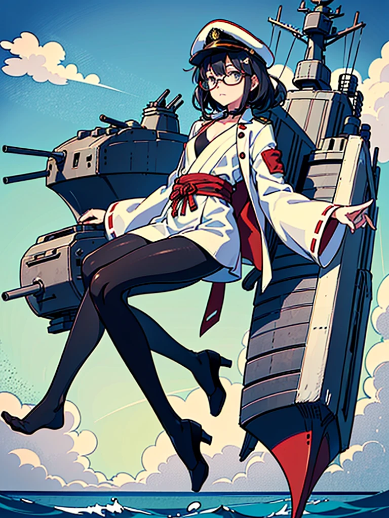 ((((Full body of a woman with perfect flat chest、Short unkempt black hair、white military jacket、Miko costume、tights、Black glasses、White military cap、Cloudy eyes、Sleepy expression)))), (((masterpiece))), (((Shipgirl))), ((Floating on the morning sea with both feet)), (Spread your legs wide open), (Hold the turret with your right hand), (Mechanical arms extending from the waist are used to equip the ship with battleship equipment.), (Equipped with a turret on the back), (Holds the turret with his left arm), Torpedo tubes strapped to thighs, Spreading the Machine's Wings, Machine tail, shotgun,