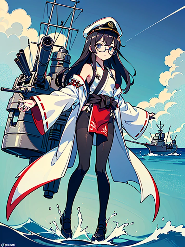 ((((Full body of a woman with perfect flat chest、Short unkempt black hair、white military jacket、Miko costume、tights、Black glasses、White military cap、Cloudy eyes、Sleepy expression)))), (((masterpiece))), (((Shipgirl))), ((Floating on the morning sea with both feet)), (Spread your legs wide open), (Hold the turret with your right hand), (Mechanical arms extending from the waist are used to equip the ship with battleship equipment.), (Equipped with a turret on the back), (Holds the turret with his left arm), Torpedo tubes strapped to thighs, Spreading the Machine&#39;s Wings, Machine tail,  shotgun, 