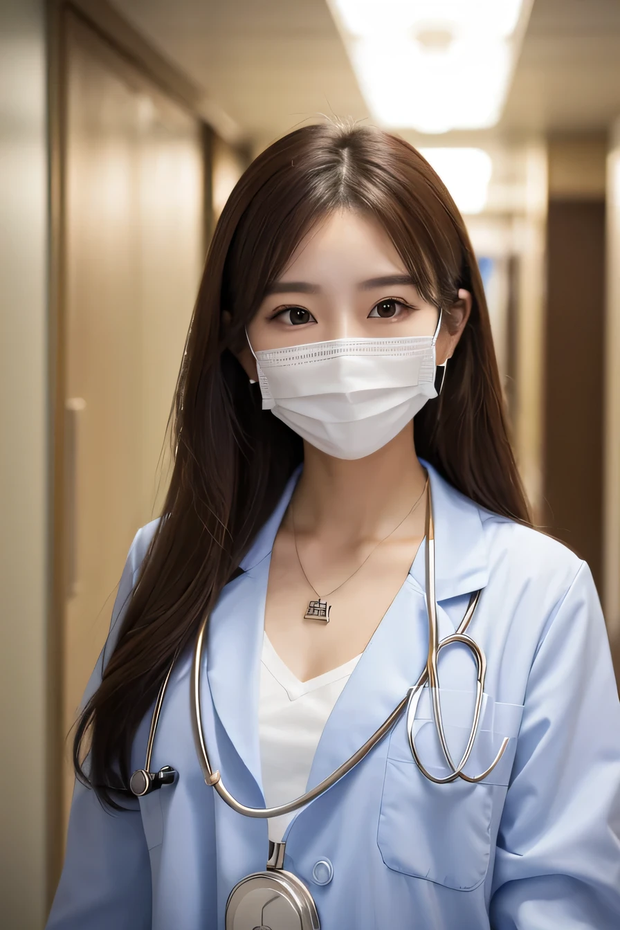 Beautiful young woman、 Korean women、Brown Hair、Necklace around the neck、White、Stethoscope、Mask on mouth、Intricate details, Very detailed:1.2), 、 Looking into the camera,The background is the corridor of the hospital.、ear piercing