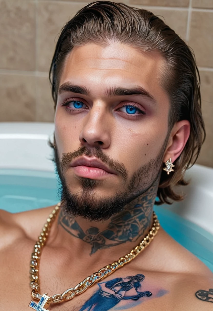 A male with jawline, brown eyes, brown curly hair, small diamond cross ear studs, hollywood style brown beard, neck tattoos and tattoos on hand, wearing diamond chain and rolex watch and Beautiful woman with long straight blonde hair with blue and pink highlights baddie makeup and blue eyes and long eyelashes, kissing, naked, on a bathtub black and golden