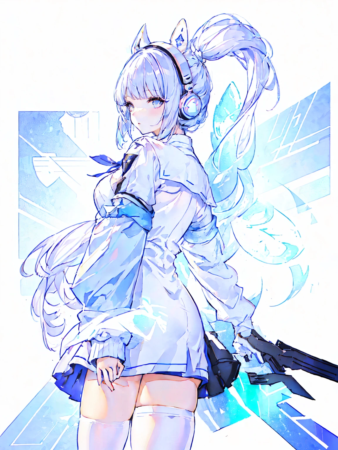 An anime character wearing white and blue clothes and accompanied by a black cat, Azur Lane Style, Live2D Virtual Youtuber Model, from Arknights, From the Azur Lane video game, Azur Lane Characters, Girls Frontline Style, From Girls Frontline, White Cyan, Moon themed costume, White cat lady, Arknights, Ayaka Genshin Impact, Girls Frontline Universe, whole body, 1 person, Cat ears headband
