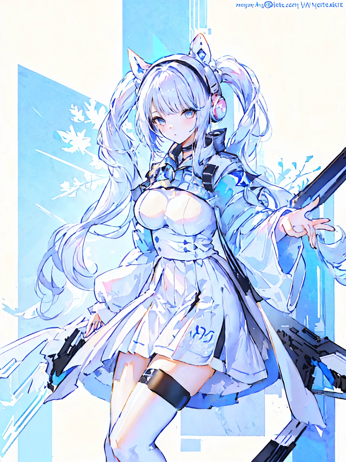 An anime character wearing white and blue clothes and accompanied by a black cat, Azur Lane Style, Live2D Virtual Youtuber Model, from Arknights, From the Azur Lane video game, Azur Lane Characters, Girls Frontline Style, From Girls Frontline, White Cyan, Moon themed costume, White cat lady, Arknights, Ayaka Genshin Impact, Girls Frontline Universe, whole body, 1 person, Cat ears headband