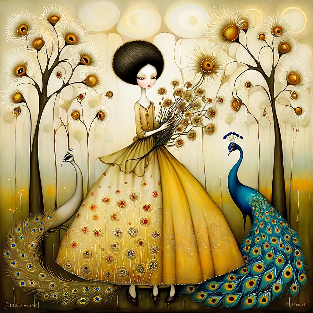 Patchwork by Klimt, Nicoletta Ceccoli, Naoto Hattori, Lawrence Didier, Leonora Carrington of European Woman with short black hair and a long, wide skirt collects flowers from small trees. peacocks, white dandelion flowers. exciting warm colors
