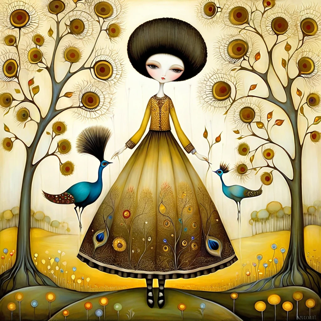 Patchwork by Klimt, Nicoletta Ceccoli, Naoto Hattori, Lawrence Didier, Leonora Carrington of European Woman with short black hair and a long, wide skirt collects flowers from small trees. peacocks, white dandelion flowers. exciting warm colors