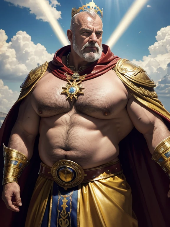 Hyperrealistic image of an old man over 79 years old Italian superhero king holy martyr imperial warrior with rays of light coming out of his bald body with a huge crown of gold and gems and a halo of light with rays on his head super heavy and very fat very handsome bodybuilder with huge, flabby, very large pecs and very sweaty pointed nipples in a sky of very white clouds wearing only a leather and gold roman skirt and a velvet cape over the shoulders with an ermine collar