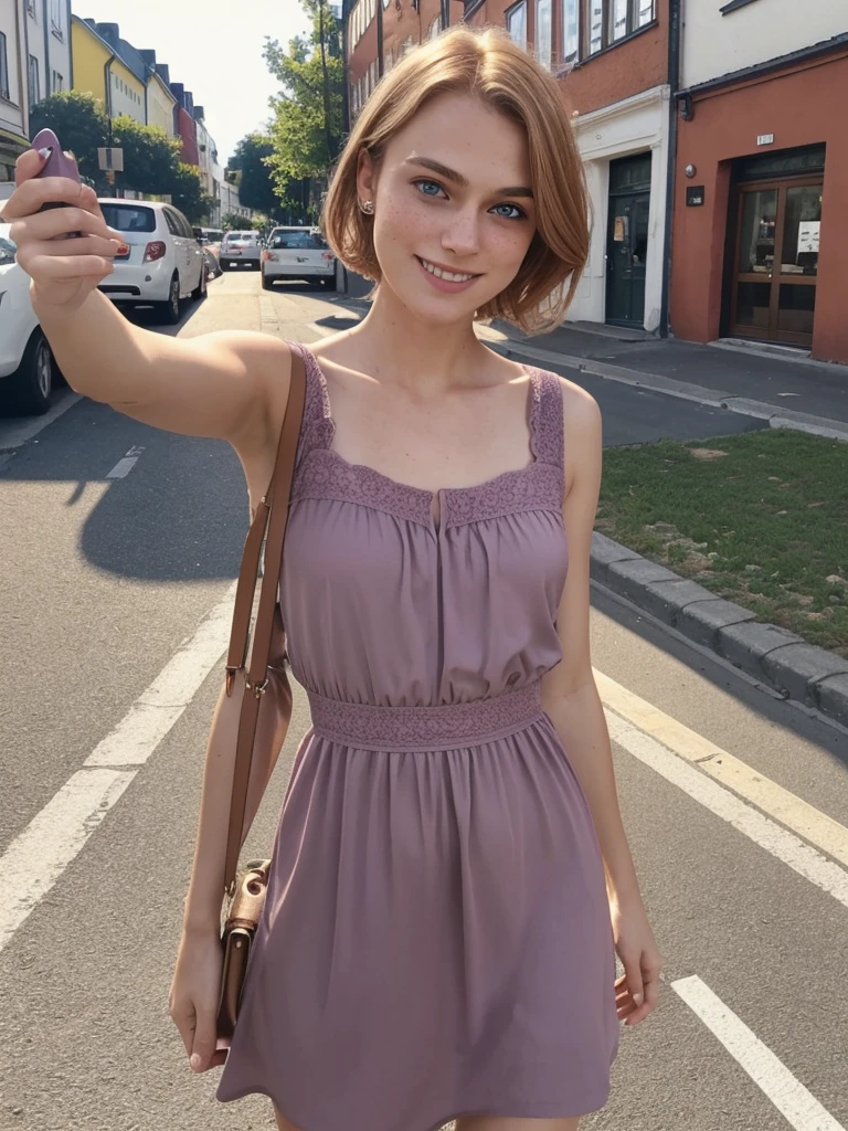 1 swedish girl, cheap phone camera quality, solo, southern belle, [Keira Knightley:0.8], dark strawberry blonde ((short)) hair, freckles, blue eyes, (Swedish face, swedish body), 25 years old, BREAK, (((arm selfie, upper body))), ((she's wearing: mauve dress)), dynamic pose, sexy, seductive, smile, ((background: busy street)), BREAK, (((Infinite focus)))
