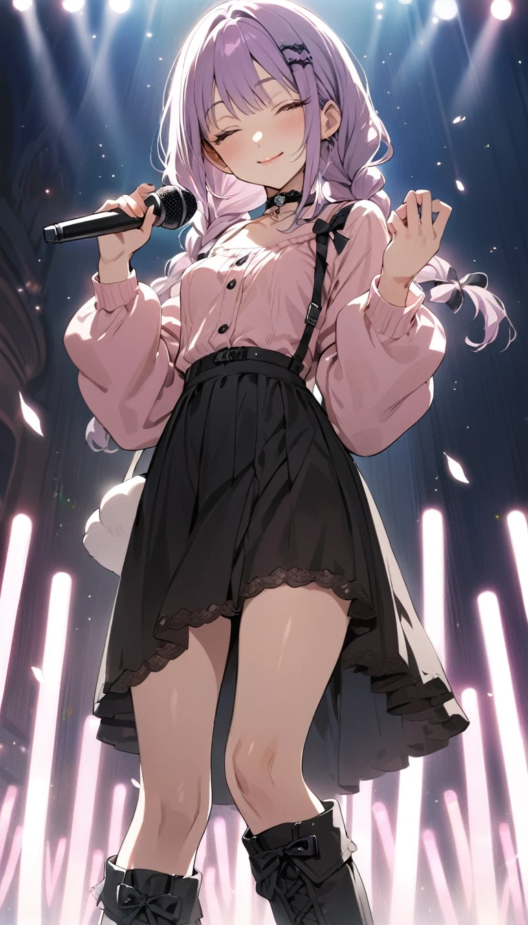 (Cute a girl:1.5), ((a girl with closs hair pin,pale purple hair,wavy two braids,bluntbangs hair,green and black eyes,
pink shirt,cosplay, jirai kei, bangs, black skirt, black bow, looking at viewer, bow, long sleeves, choker, ribbon,pink lips,Thick-soled boots,fullbody shot :1.4),boots focus,
(masterpiece:1.3), anime visual, small breast,slim,The girl holds the microphone in both hands and has her eyes closed :1.4),(masterpiece:1.3), anime visual, (Lovey-dovey:1.5), (tilt head:1.3), extremely delicate face, soft clean focus, realistic lighting and shading, (an extremely delicate and beautiful art:1.3), elegant, (muted colors:1.1), small breast,slim,smiling,The dazzling lights of the concert venue, the countless purple glow sticks,