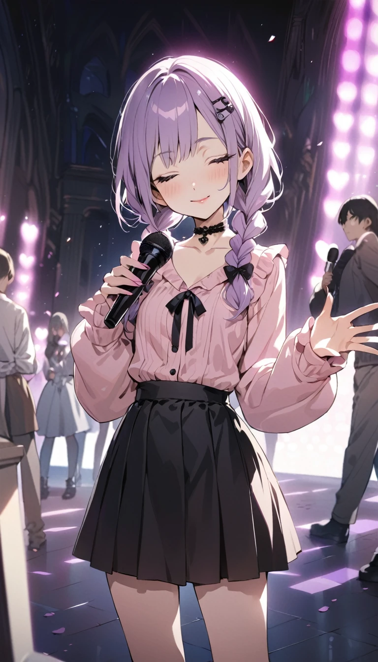 (Cute a girl:1.5), ((a girl with closs hair pin,pale purple hair,wavy two braids,bluntbangs hair,green and black eyes,
pink shirt,cosplay, jirai kei, bangs, black skirt, black bow, looking at viewer, bow, long sleeves, choker, ribbon,pink lips,Thick-soled boots,fullbody shot :1.4),boots focus,
(masterpiece:1.3), anime visual, small breast,slim,The girl holds the microphone in both hands and has her eyes closed :1.4),(masterpiece:1.3), anime visual, (Lovey-dovey:1.5), (tilt head:1.3), extremely delicate face, soft clean focus, realistic lighting and shading, (an extremely delicate and beautiful art:1.3), elegant, (muted colors:1.1), small breast,slim,smiling,The dazzling lights of the concert venue, the countless purple glow sticks,