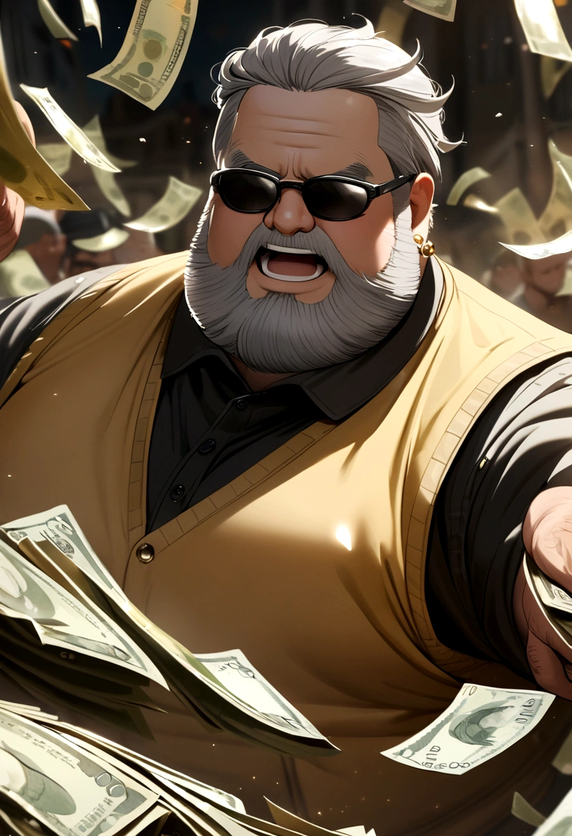 chubby man with gelled grey hair, short hair, black sunglasses, beard, gold earrings, brown-yellow vest, a lot of money