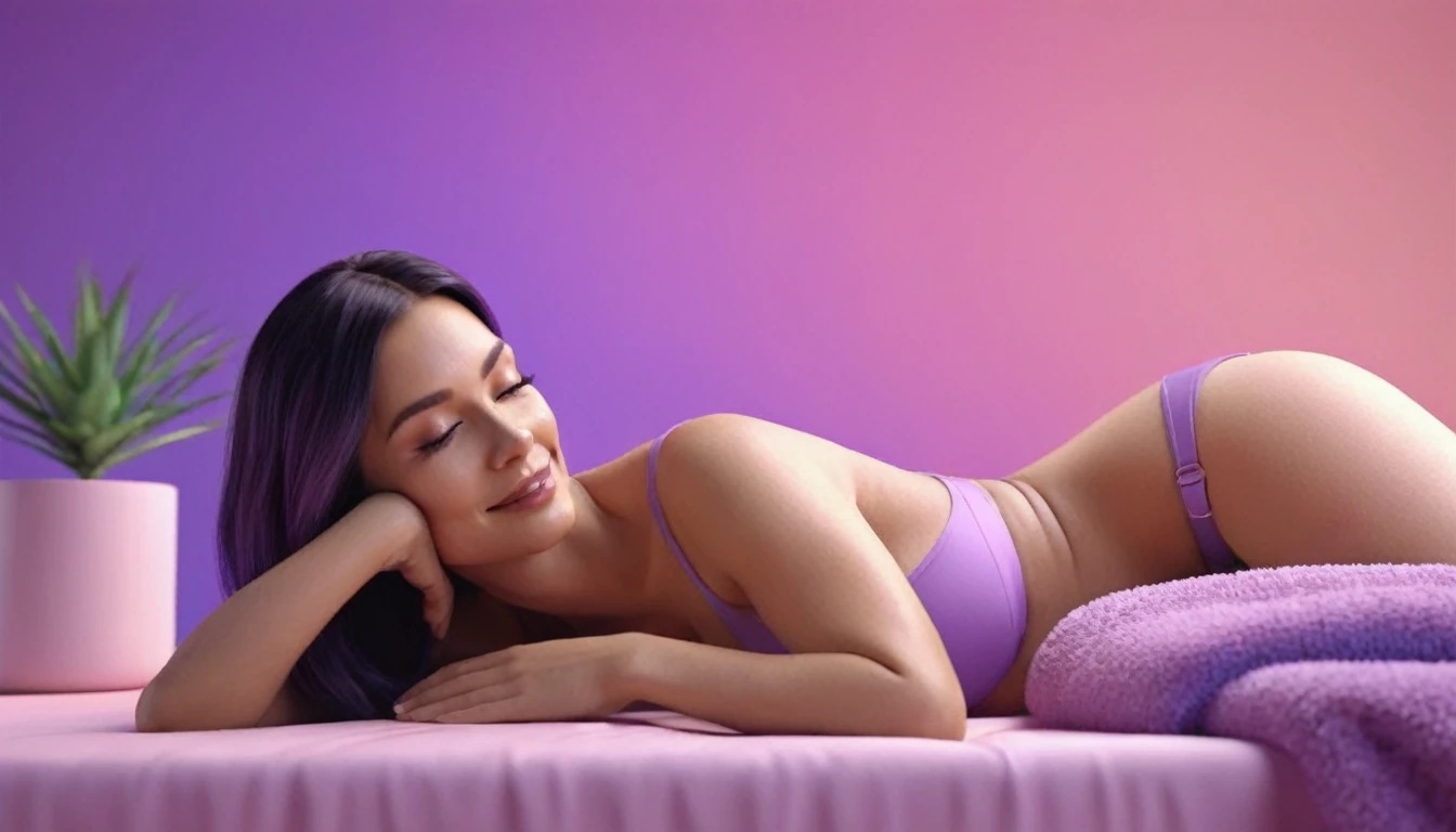 point of view from computer, we can see woman wearing bra doing erotic massage to man on a bed using computer, sensually, orgasm, mans mouth flirtingly smiling, liquid drops, skin, minimalistic, in a light purple and pink style, with soft edges and blurred details, with a 3D render, on a colorful background, with a minimalist stage design, in a surreal style, with a cinema4D rendering, with a minimalist style, with low saturation, using gradient colors, with a cinema4D rendering, with a blender rendering, with super detail, at a super high resolution, at a super high definition