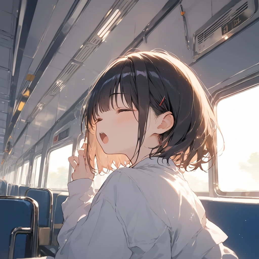 score_9, score_8_up, score_7_up, source_anime, best quality, masterpiece,ultra-detailed,official art, absurdres, highres, waifu2x, break,1girl, school girl, short hair, slender, open mouth, (yawn:0.3), sleepily,night, train, break,(clear line illustration:1.2),very high resolution, very aesthetic, super detailed skin, Best sexual lighting powered by famous artist, 8k,ero picture,beauty illustration,photoshop_(medium),,(Detailed Lighting),