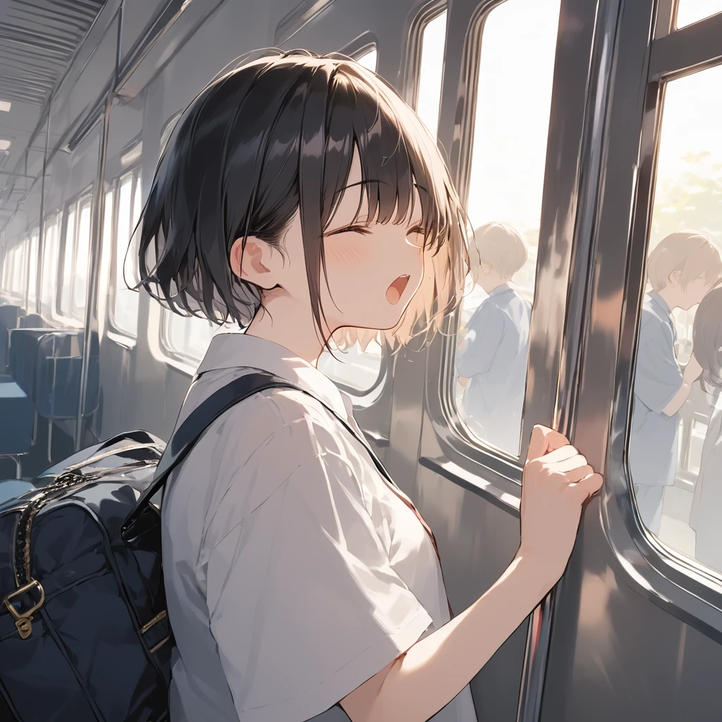 score_9, score_8_up, score_7_up, source_anime, best quality, masterpiece,ultra-detailed,official art, absurdres, highres, waifu2x, break,1girl, school girl, short hair, slender, open mouth, (yawn:0.3), sleepily,night, train, break,(clear line illustration:1.2),very high resolution, very aesthetic, super detailed skin, Best sexual lighting powered by famous artist, 8k,ero picture,beauty illustration,photoshop_(medium),,(Detailed Lighting),