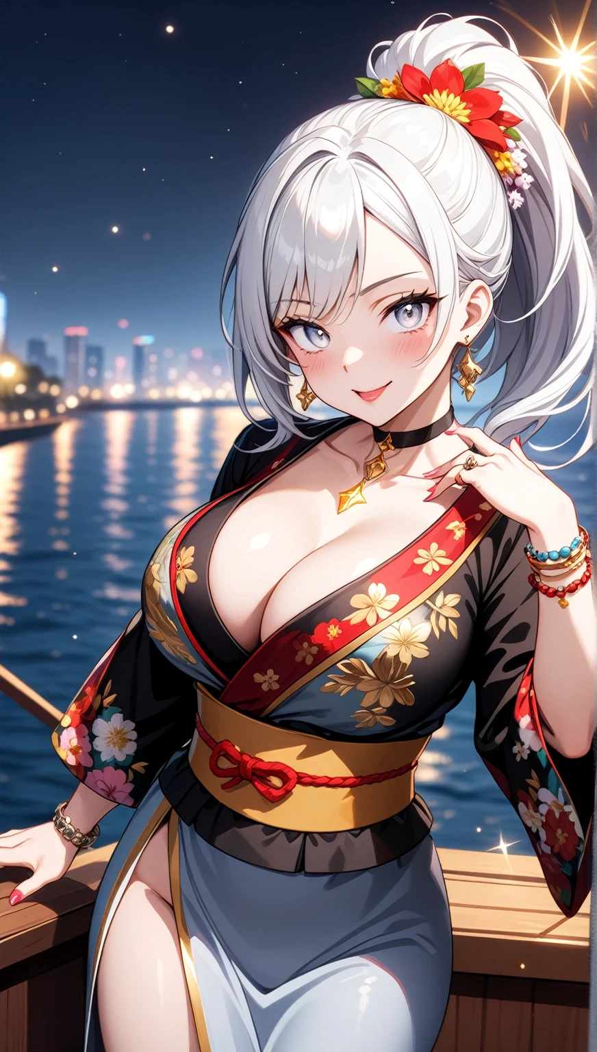 ((One personの女性)), Beautiful Face,Laughing shyly,((Wink:2.0)),Laugh with your mouth wide open((Bright red cheeks:1.4)),Glossy pink lips,night,rooftop,Festive decorations,You can see the ocean, firework,Laughing with your mouth open,Glossy pink lips,Lighting on the face,((Anime style background)),masterpiece, Highest quality, so beautiful,Latest, Complex details, (Pink long nails),(ring),(bracelet),(choker),AI-generated, Complex,High resolution, Highest quality, super high quality,3D Images、View your viewers、3D Images,One person,Long white hair,High Ponytail,(blue eyes),Anime woman posing for a photo, ((Fine grain、Silvery white colorful eyes、Shining Eyes:1.4)),(Squint your eyes:1.1),a hyperRealistic , hyperRealistic , Realistic,Anime woman with long and white hair, Smooth anime CG art, A woman in a colorful kimono with gold embroidery, (Black long sleeve kimono),Red floral pattern,Long flower hair ornament,Big earrings,Mature Body,(Big Breasts:1.1),Tall,Abdominal muscles,Narrow waist,(Zoom in on face:1.5),Shooting from below at an angle