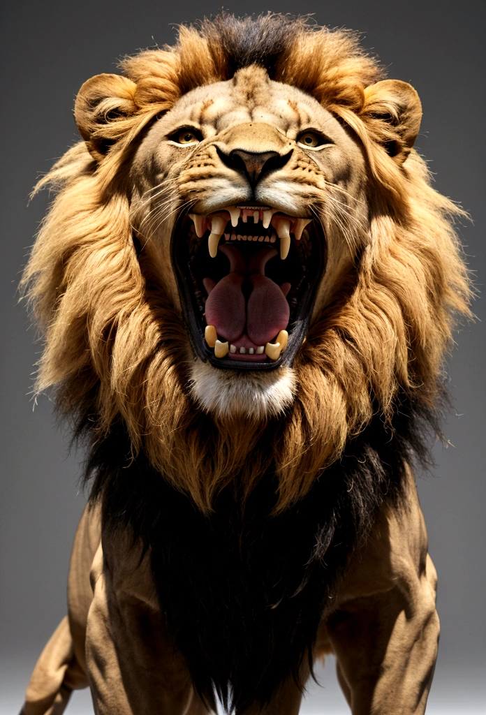 Lion with open mouth, full length, stands on two legs, human pose on two legs, Sh=пыShная гриыа, mouth open, fangs and teeth visible,